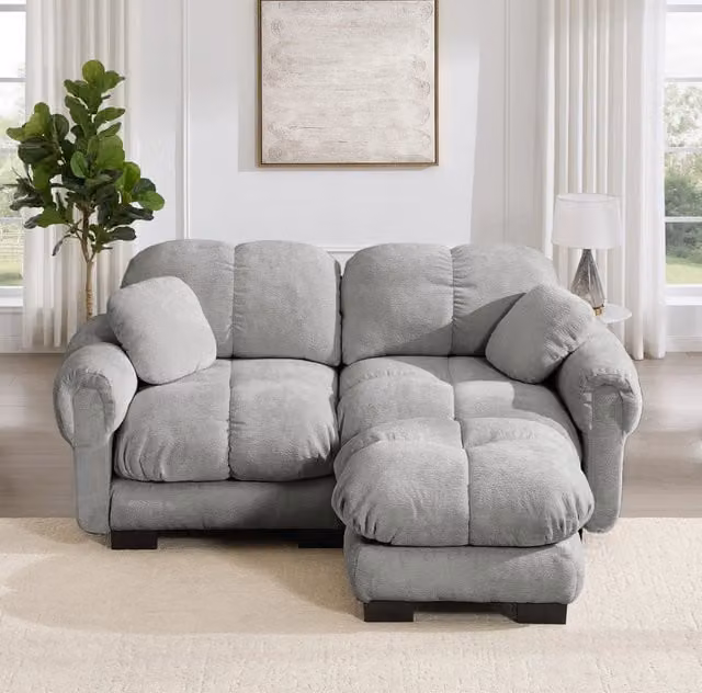 Divano angolare modulare 190x149x90 cm in ciniglia grigio chiaro con ottomana mobile -