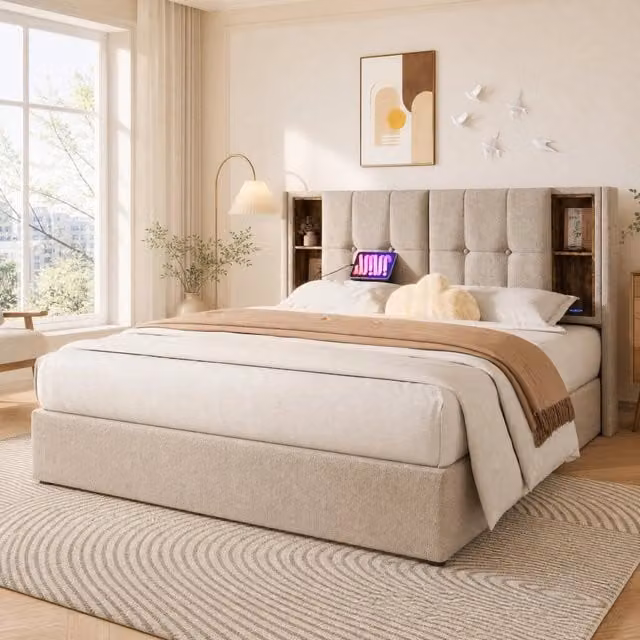 Letto contenitore 140x200 cm naturale in lino con ricarica wireless, senza materasso