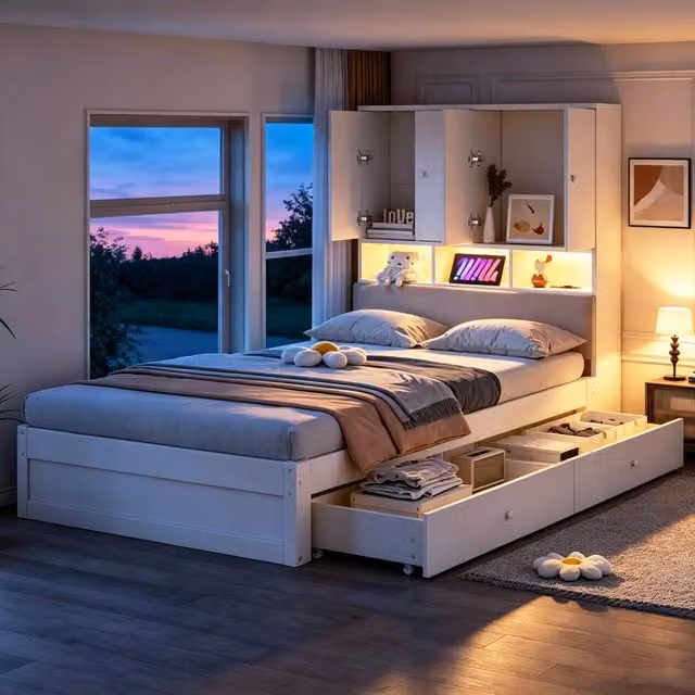 Letto singolo moderno in legno e tessuto bianco con contenitore, cassetti, illuminazione LED, porta USB e mensola integrata L/P/H: 225 x 125 x 95 cm