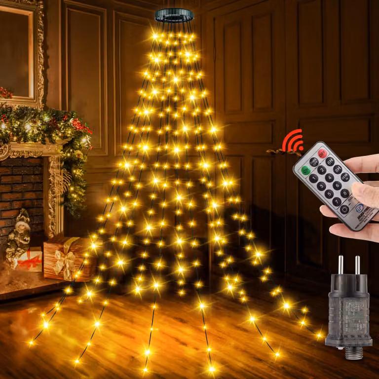 Catena luminosa per albero di Natale, 2 metri, 240 LED, luce bianco caldo, grado di protezione IP65, con telecomando