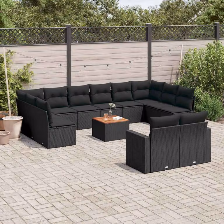 vidaXL Set Divani da Giardino a Forma a U in Polyrattan Nero con Cuscini e Tavolino da Esterno