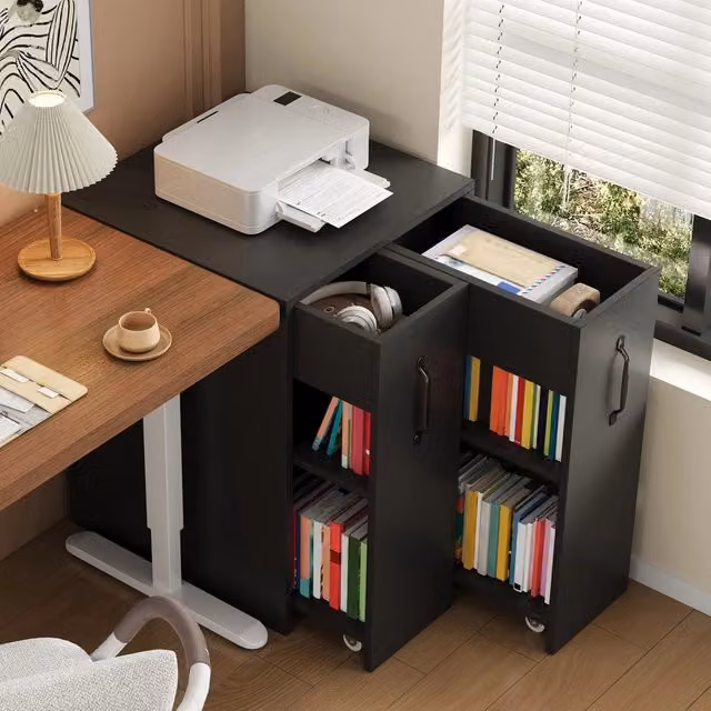 Libreria Minimal con Ruote e Cassetto Laterale Estraibile in Legno Nero Design Moderno L: 75 cm, P: 27 cm, H: 50 cm – 1