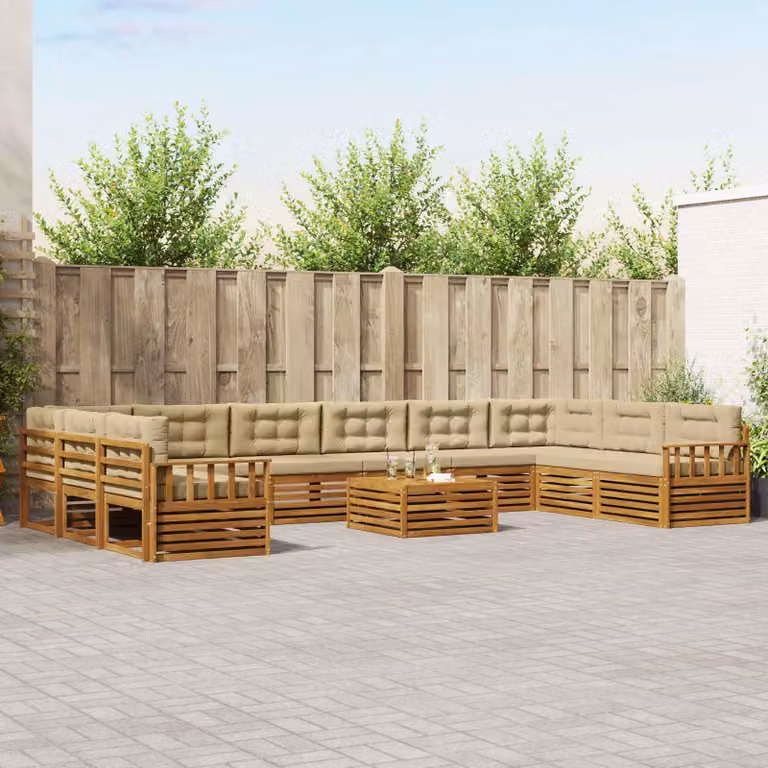 Set di divani da giardino vidaXL in legno di acacia massello, 11 pezzi, Naturale e Beige