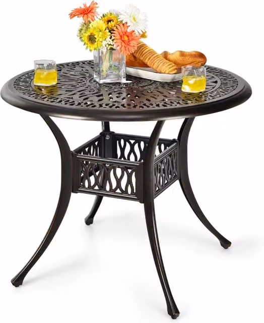 Tavolo da bistro in alluminio fuso con foro per ombrellone da 5 cm per giardino, Tavolo da pranzo da patio 91 cm Bronzo antico