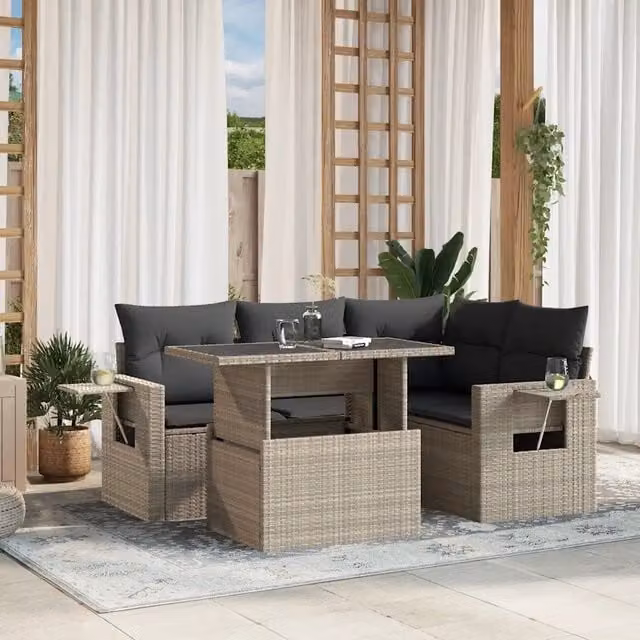 Set Divano da Giardino a L vidaXL con Cuscini Antracite e Tavolino in Vetro, 5 Pezzi