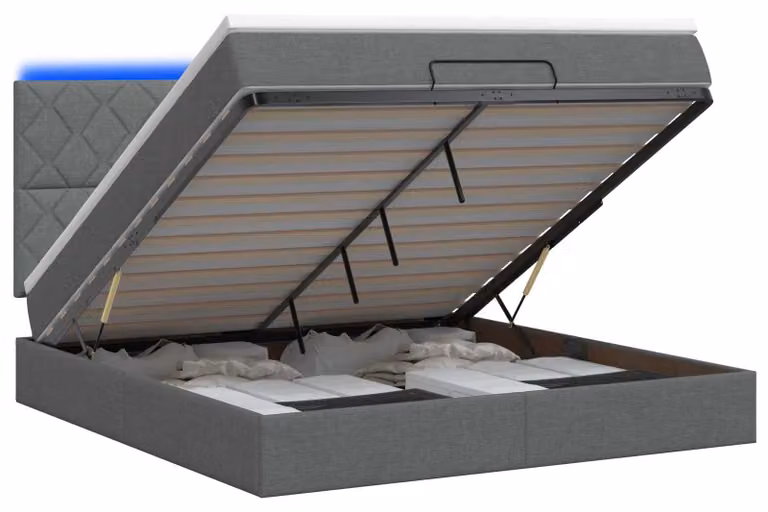Panca contenitore con materasso e illuminazione LED, colore grigio scuro, dimensioni 160 x 200 cm, rivestimento in tessuto