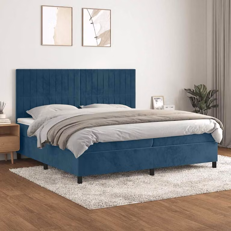 Letto Ibrido vidaXL con Giroletto a Molle e Materasso in Velluto Blu Scuro L/P/H: 200 x 200 x 203 cm
