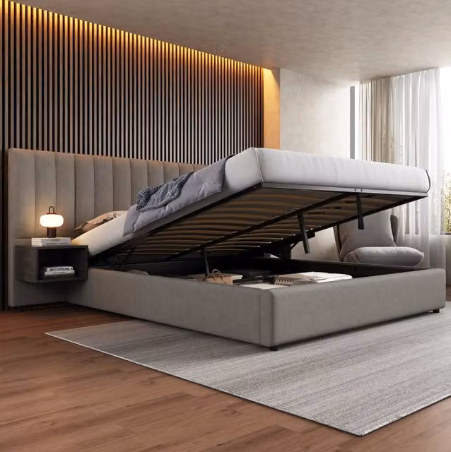 Letto imbottito 180x200 cm con contenitore idraulico; 2 comodini; rete a doghe; lino grigio e nero
