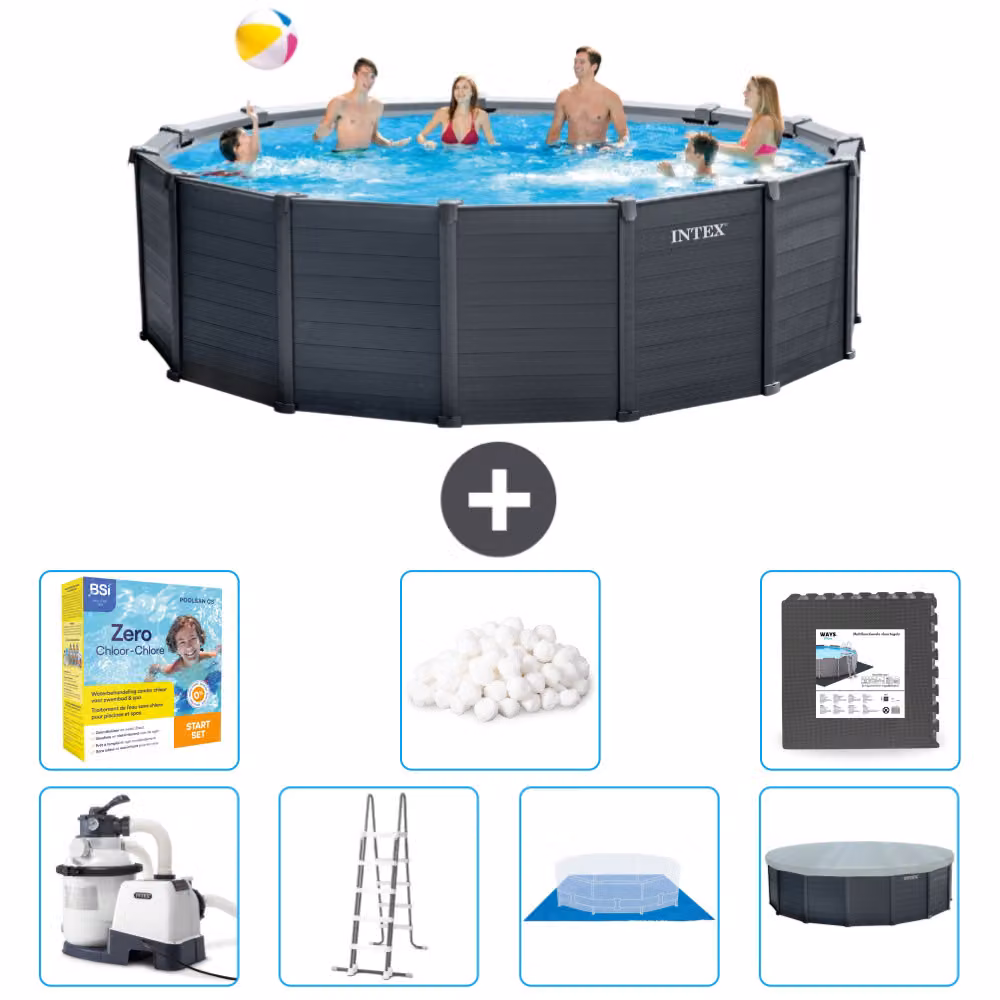 Piscina rotonda Intex con pannello grigio grafite - 478 x 124 cm - inclusa pompa - scaletta - telo di fondo - pacchetto di manutenzione della copertura - sfere filtranti - piastrelle per il pavimento