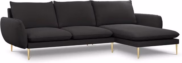 Divano angolare destro Vienna di Cosmopolitan Design, modello a 5 posti in bouclé nero con dettagli oro – 1
