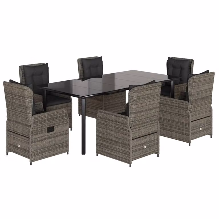 Set da Pranzo da Giardino 7 pz con Cuscini in Polyrattan Grigio