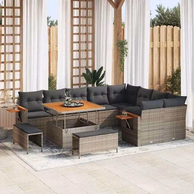 Set Divano da Giardino vidaXL Grigio con 13 Pezzi, Design Moderno a Forma di U con Tavolino e Cuscini – 1