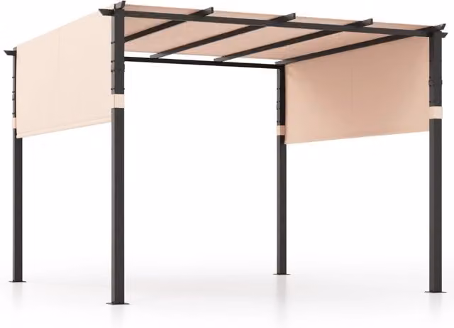 Pergola piatta da 305x305cm con tetto retrattile, Gazebo grill da esterno con 2 coperture parasole a rullo Beige