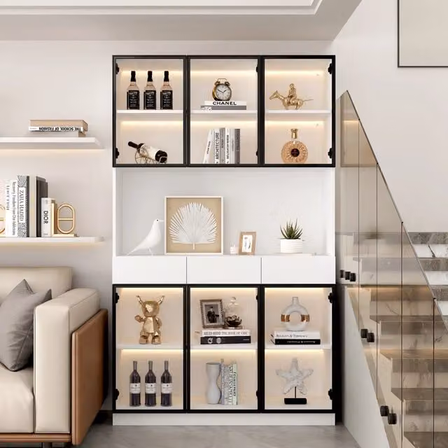 Libreria Vetrina con Ante e LED ¨C MINIMAL ¨C Bianco e Nero, Ripiani, Soggiorno Ufficio