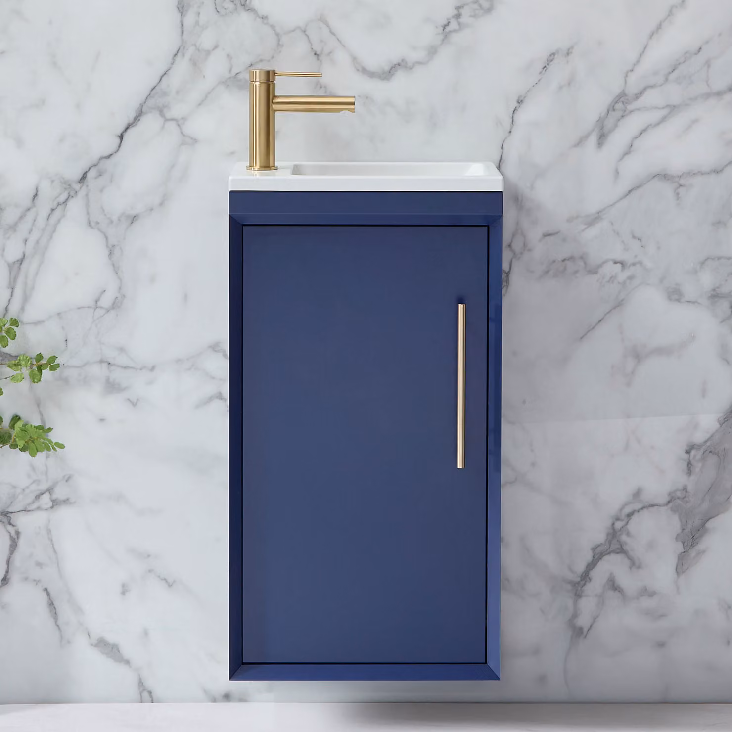 Mobile Bagno Sospeso Blu Marino 400mm con Lavabo e Maniglia con Barra a T in Oro Satinato - Edge