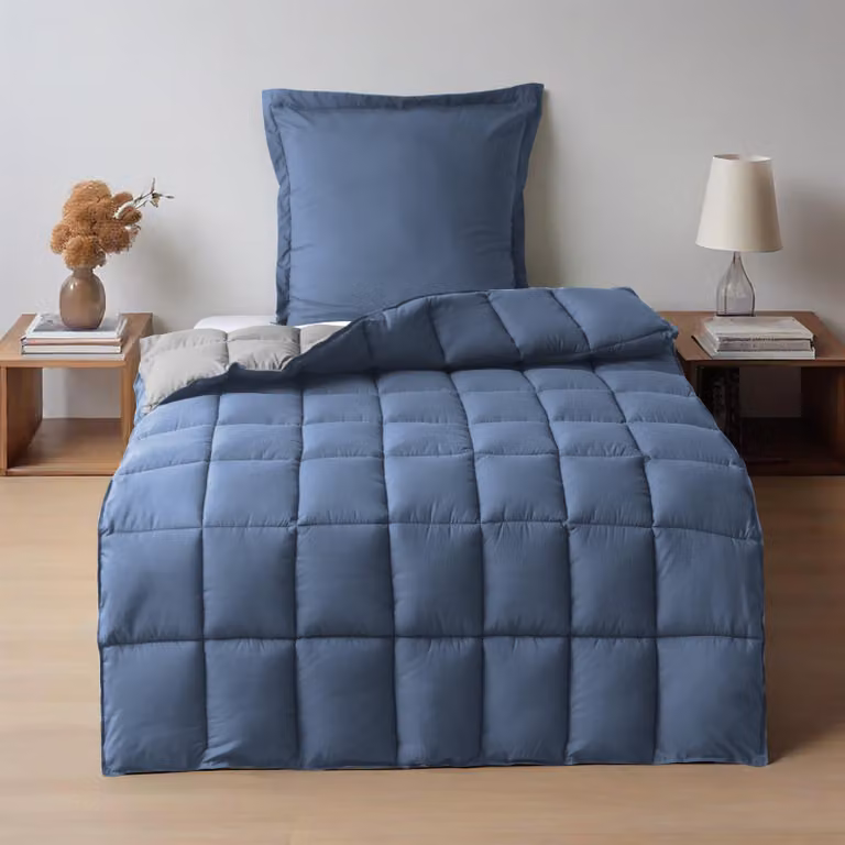 Copertura per letto singola, 140 x 200 cm, in microfibra (200 g/m²), colore blu e grigio, con federa 65 x 65 cm