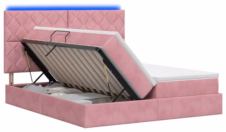 Letto imbottito con tecnologia LED e materasso rosa, dimensioni 180 x 200 cm, rivestito in velluto