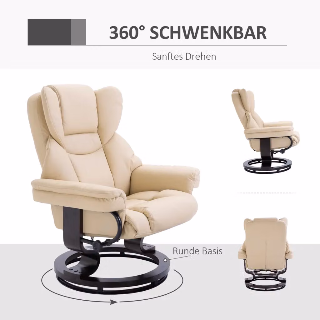 Set di 2 Poltrone Relax Girevoli REDOM con Poggiapiedi in Similpelle Beige, L/P/H: 80 x 79 x 100 cm – 2