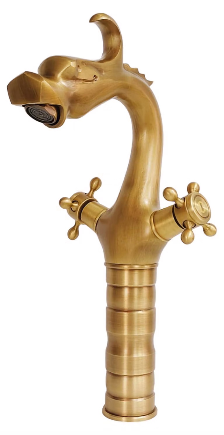Miscelatore per lavabo, design "Drago", due manopole, ottone anticato, 33 cm