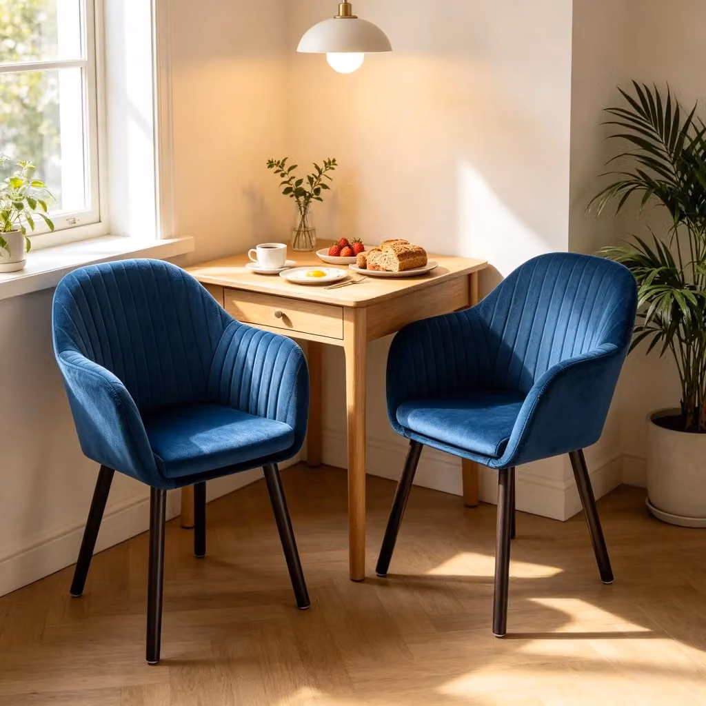 Set da 2 sedie da pranzo imbottite REDOM in velluto a righe nero e blu con struttura in legno e metallo, Altezza: 81 cm – 2
