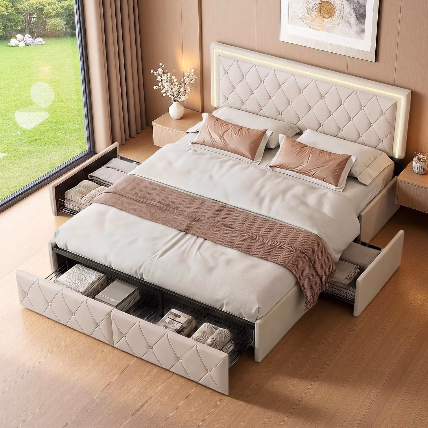 Letto imbottito INONEFT, 160x200 cm, letto per ragazzi con illuminazione LED, letto matrimoniale con poggiatesta regolabile in altezza e 4 cassetti contenitori, colore beige