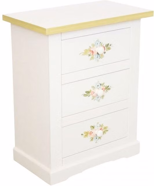 Comodino Mobili 2G in legno shabby chic bianco con decori floreali verdi L: 60 cm, P: 35 cm, H: 64 cm