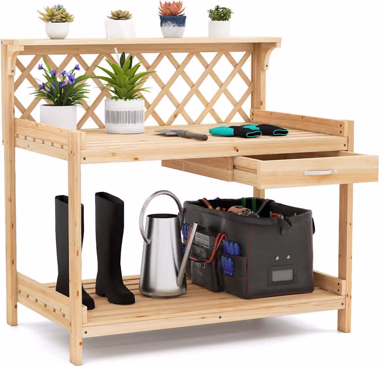 COSTWAY Tavolo per piante con traliccio, tavolo da giardinaggio in legno con piano di lavoro, cassetto e 2 ripiani, tavolo da lavoro da giardino in legno di abete 90x59x88 cm naturale