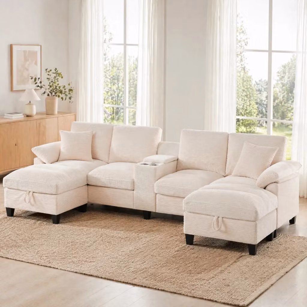 Divano angolare a U REDOM in tessuto a coste beige con porta bicchieri, ricarica USB e cuscini inclusi L: 293 cm, P: 142 cm, H: 93 cm – 2