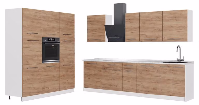 Cucina componibile Vicco Fame-Line Rovere dorato/Bianco 460 cm piano di lavoro Marmo, Model 62932