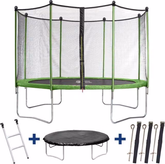 Trampolino tappeto elastico YOOPI verde con rete di sicurezza, scala, telone e kit d'ancoraggio, Ø 3.65 m
