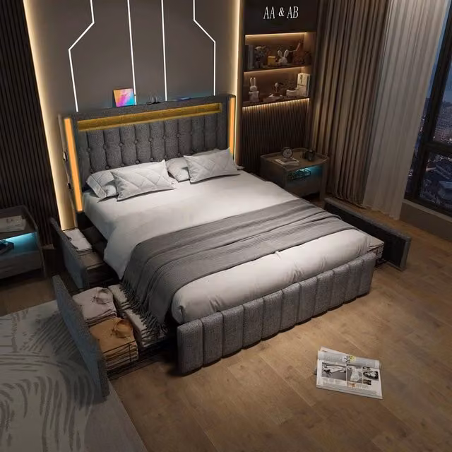 Letto Imbottito con LED, USB e 4 Cassetti ¨C MINIMAL ¨C Grigio 160x200 cm