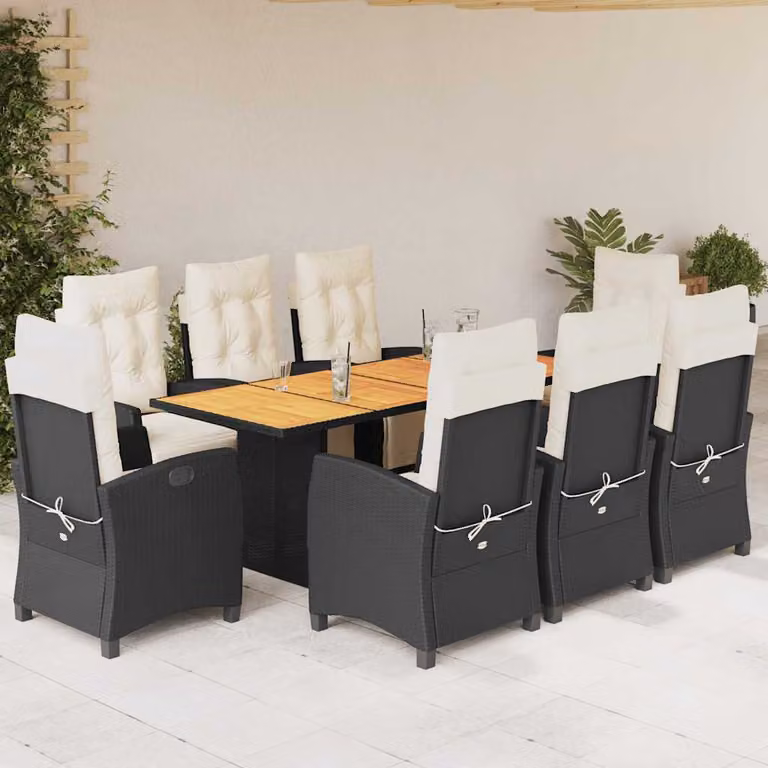 Set da pranzo da giardino vidaXL in polyrattan nero con cuscini e tavolo in legno di acacia per 9 persone