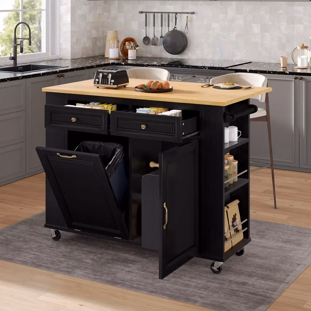 Mobile da cucina moderno nero con piano ribaltabile, prese AC, USB e USB-C, vani portaoggetti e ruote, L/P/H: 120 x 40-70 x 92 cm – 2