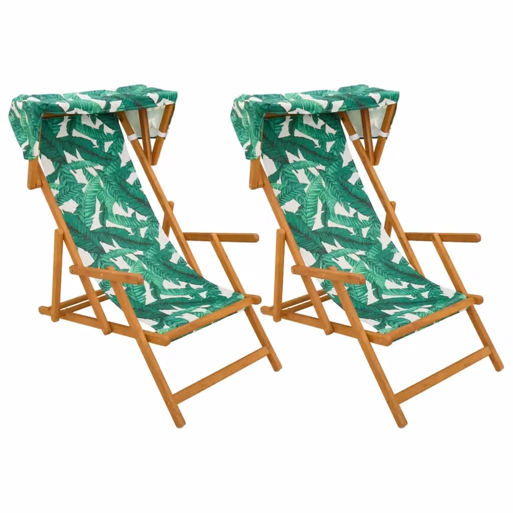 Set di 2 lettini da giardino vidaXL in legno di eucalipto trattato con tendalino parasole a fantasia floreale multicolore – 2