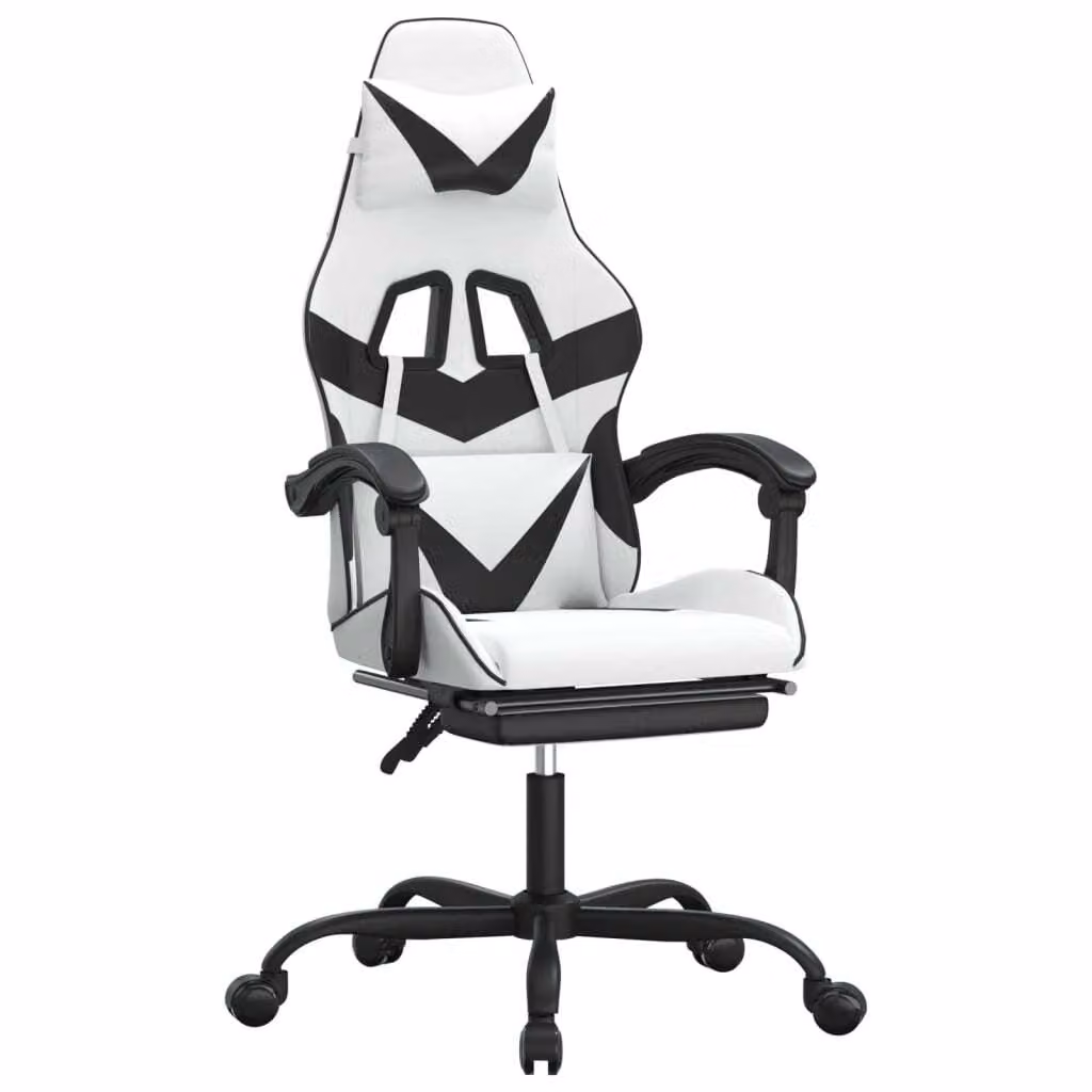 Sedia da Gaming con Poggiapiedi Bianco e Nero in Pelle finta