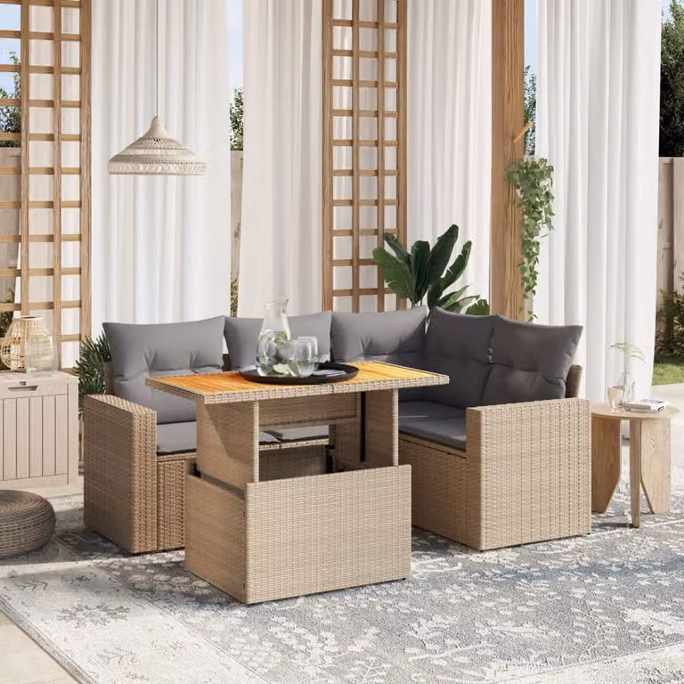 Set Divano da Giardino vidaXL 5 pz a L in Polyrattan con Cuscini Beige e Grigio