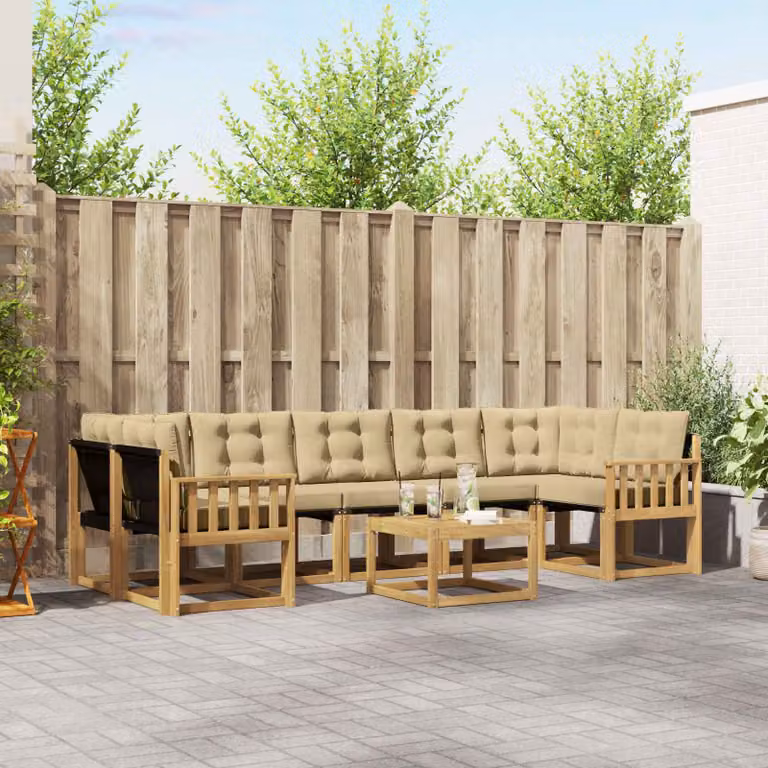vidaXL Set di divani da esterno 8 pz in legno di acacia con cuscini bianchi e beige