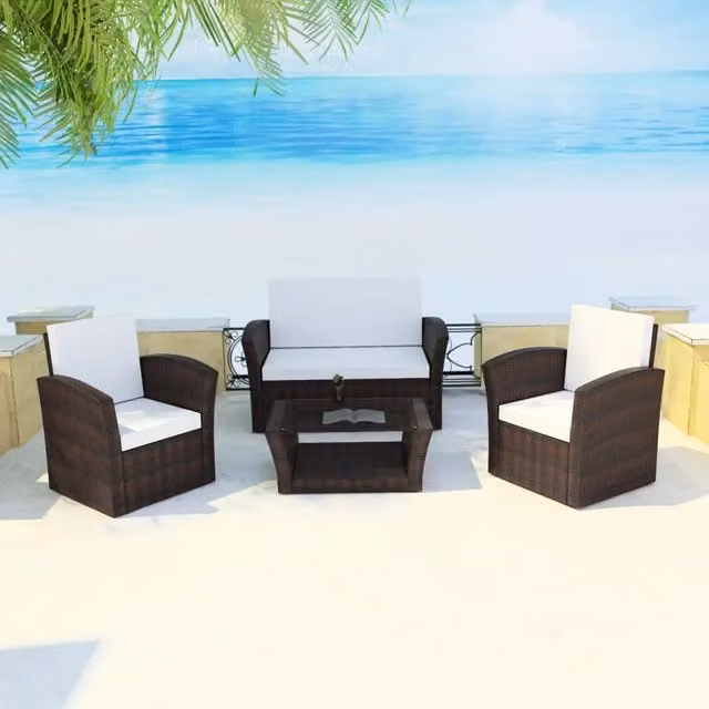 Set Divani da Giardino 4 pz con Cuscini in Polyrattan Marrone 42641