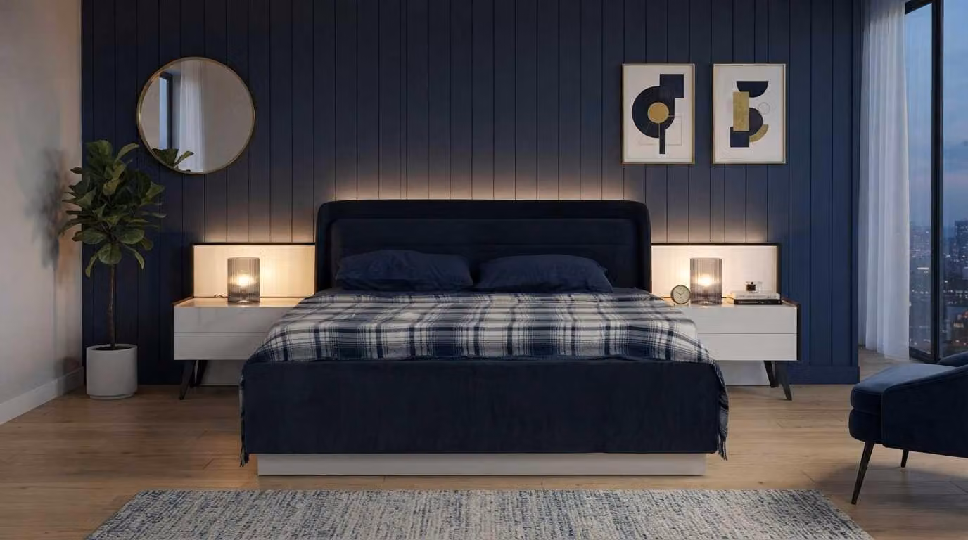 Letto matrimoniale con struttura, 2 comodini, colore blu e beige, design moderno ed elegante, set completo