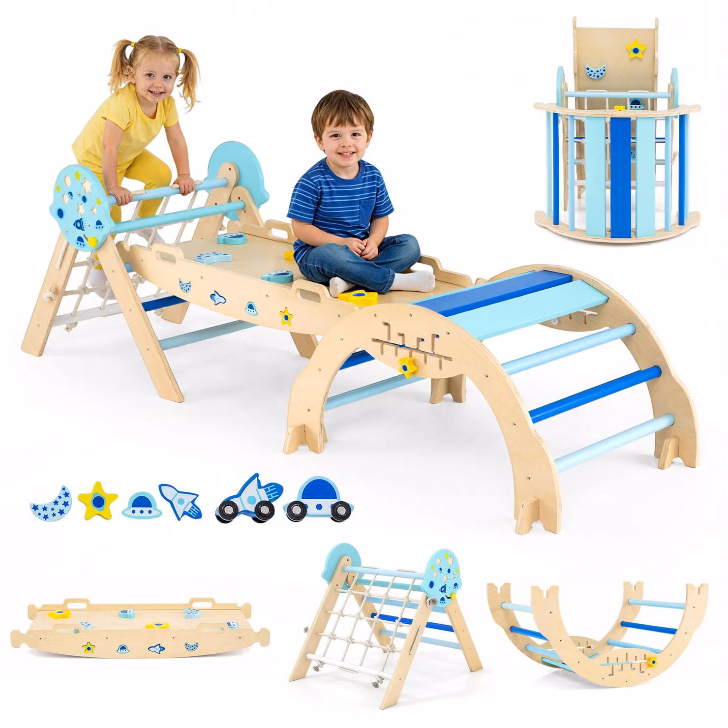 Set di arrampicata a triangolo COSTWAY, attrezzatura da giungla pieghevole con arco, rampa, arrampicata, blocchi e gioco del labirinto, giocattolo in legno, giocattolo Montessori