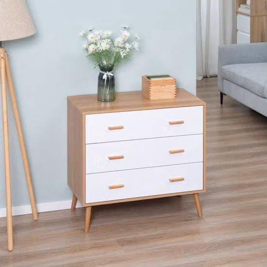 Comodino con cassetti – 3 cassetti – Struttura in legno – Bianco – Sistema antiscottatura