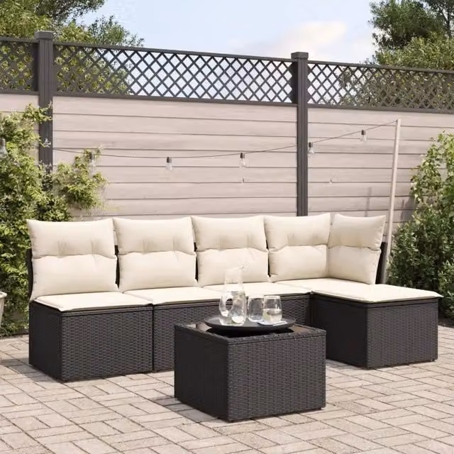 Set Divano da Giardino 6 pz con Cuscini Nero in Polyrattan 3249365