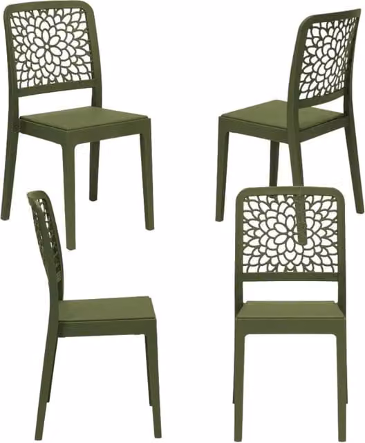 Set 4 sedie in polipropilene TICHE, 100% MADE IN ITALY, impilabile, idrorepellente, resistenza raggi UV, design moderno floreale per sala da pranzo, cucina, bar, ristoranti, esterno, colore Verde Oliva