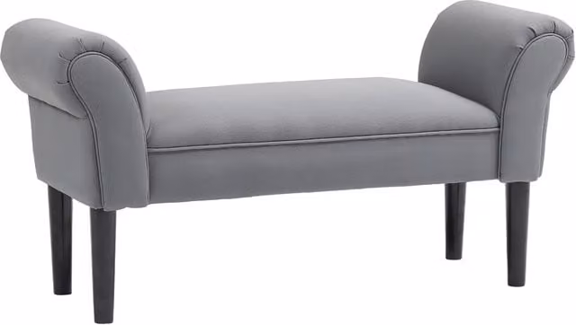 Panca Imbottita da Letto Xylo in Tessuto Grigio con Braccioli e Piedini in Legno di Gomma L: 130 cm, P: 36 cm, H: 39,5 cm