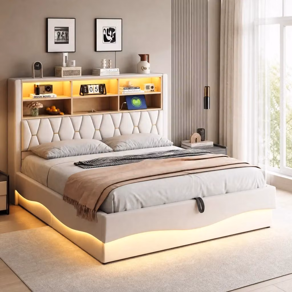 Letto Contenitore REDOM Beige con Illuminazione LED e Porte USB L/P: 180 x 200 cm – 2