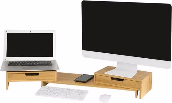 Monitor Elevatore a Doppie Lame in Bambù Beige e Marrone L: 60 cm, P: 22 cm, H: 11 cm