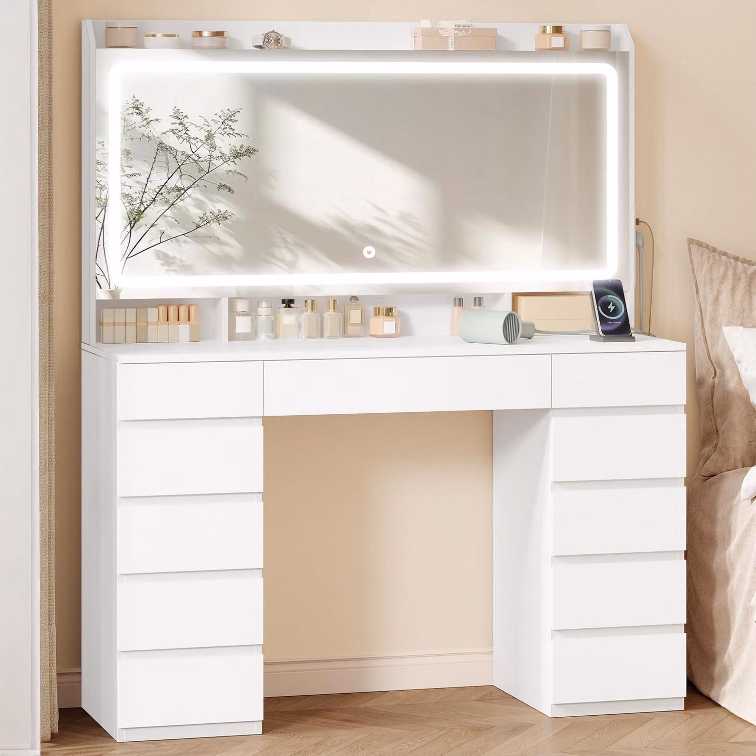 Comò da trucco con specchio HD e illuminazione a LED, 11 cassetti, bianco
