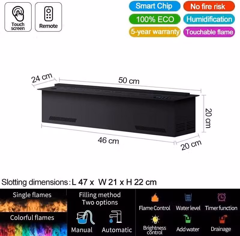 Caminetto a vapore acqueo, fiamma colorata 3D, funzione di purificazione dell'aria, 500 mm 19,68 pollici, fiamma colorata