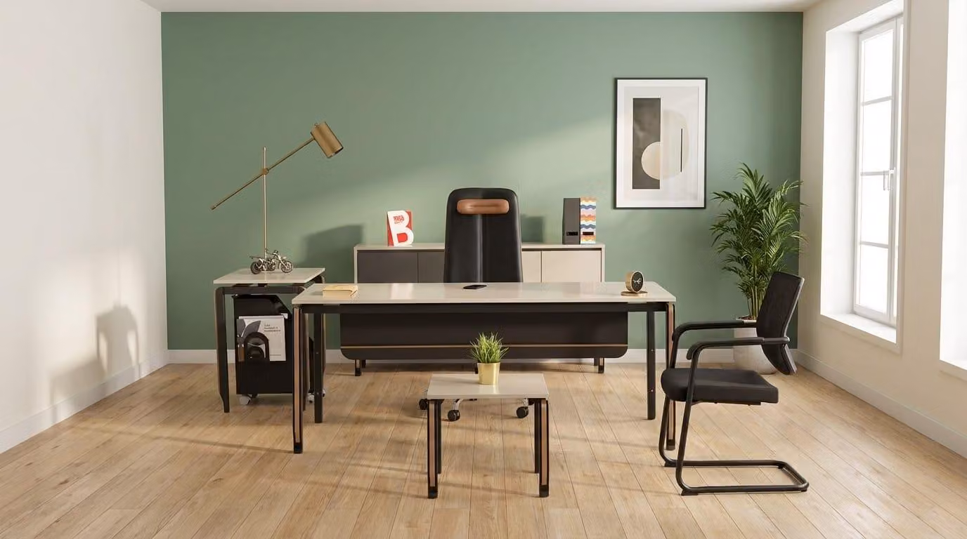 Set completo per ufficio, composto da: scrivania, mobiletto laterale, cassettiera, tavolino da caffè