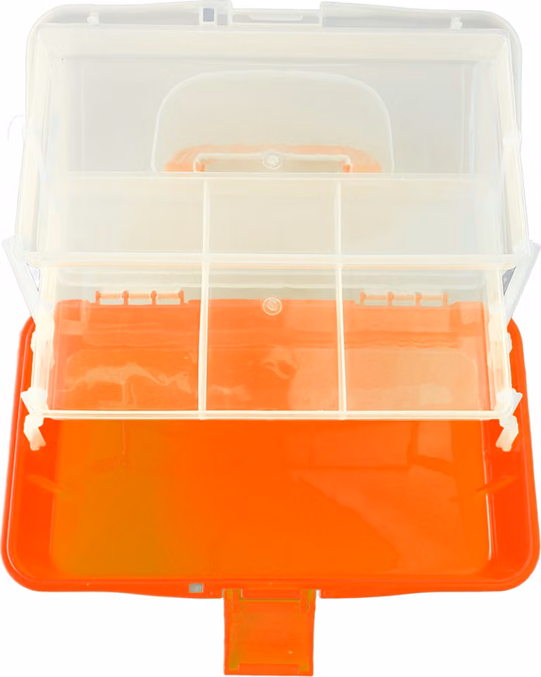 Contenitore a 3 scomparti, cassetta degli attrezzi pieghevole in plastica, portatile, per accessori di bricolage e cosmetici, arancione